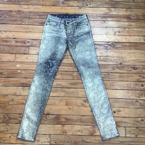 7 For All Mankind gold black jeans embroidered medium rise waist skinny size 26 - Picture 3 of 10